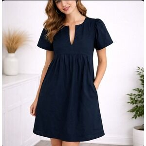 Scotch & Soda Dress Medium Navy Blue Split Neck Puff Sleeve Cotton Babydoll